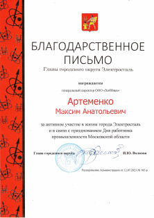 Благодарственное письмо Главы г.о. Электросталь