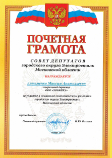 Почётная грамота от Совета депутатов г.о. Электросталь